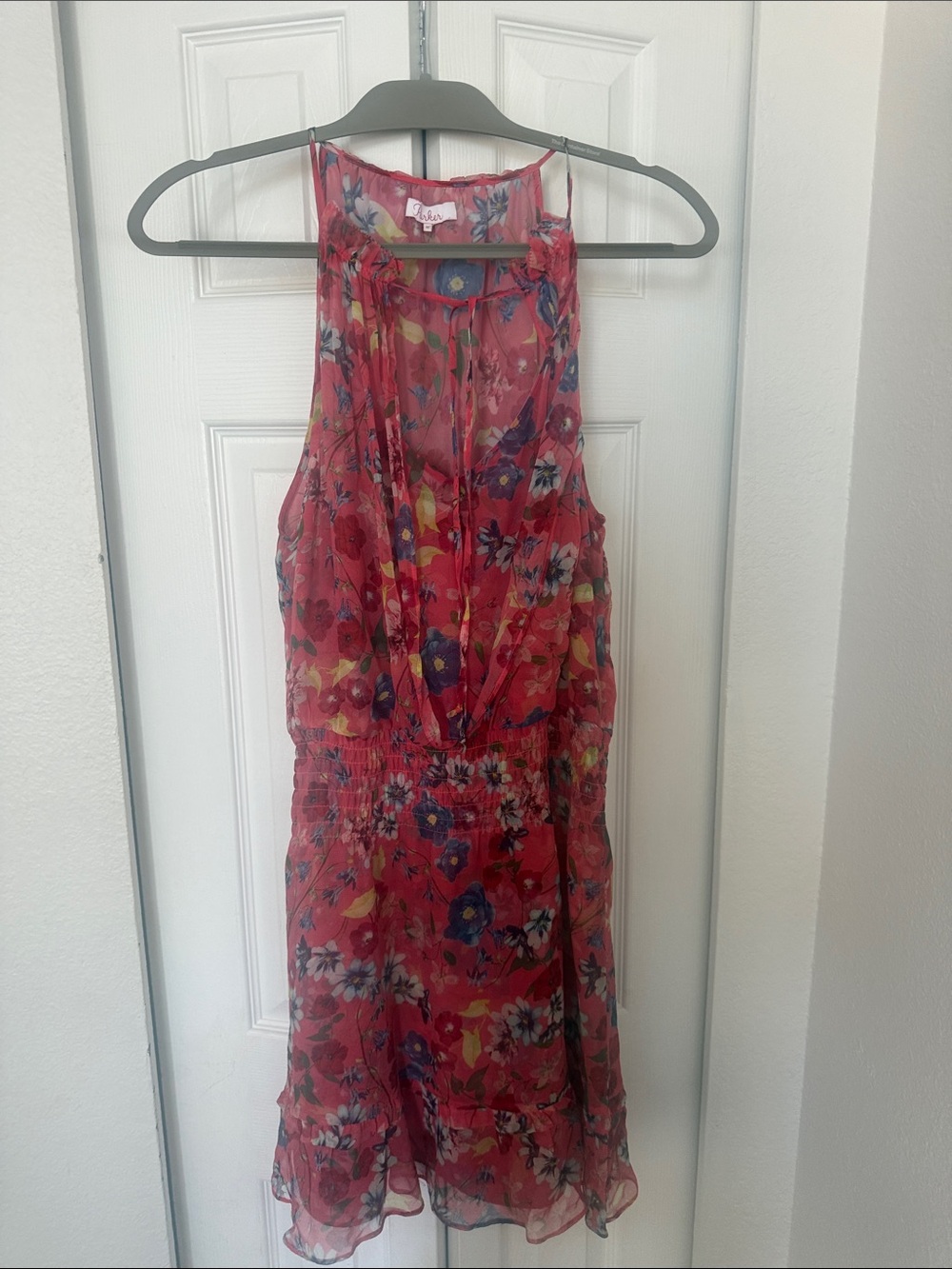 Parker Silk Coral Floral Midi Dress with Blue Accents